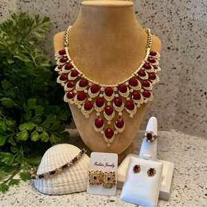 Deep red cabochon Bib necklace and accessory jewelry pieces